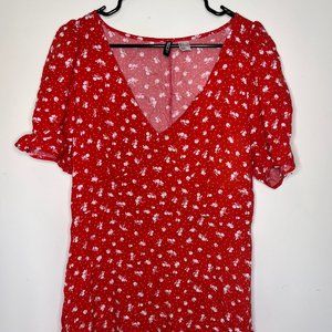 Divided Fit and Flare Dress Floral Print Flounce Hem Plunge Neckline Size L